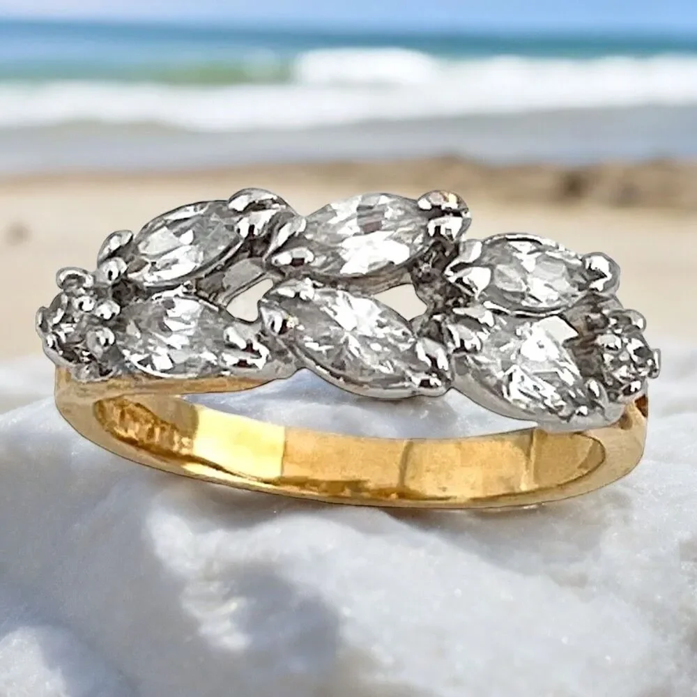 Vintage 1970s Ring Size 9 CZ Marquise Cluster Gold Plated Band - 14Q